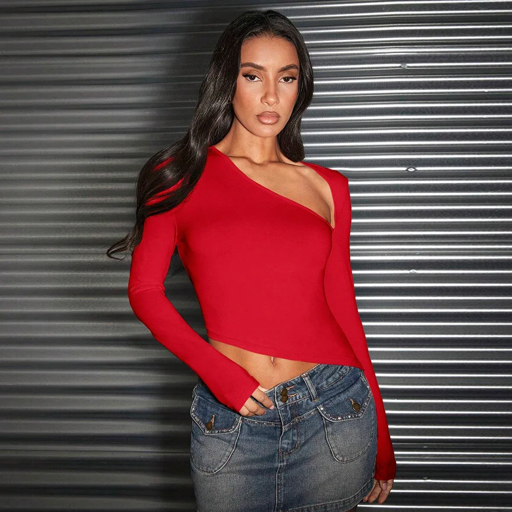 Sexy Red T Shirt Women Spring Summer Slant Neck Crop Top Long Sleeve Casual Streetwear
