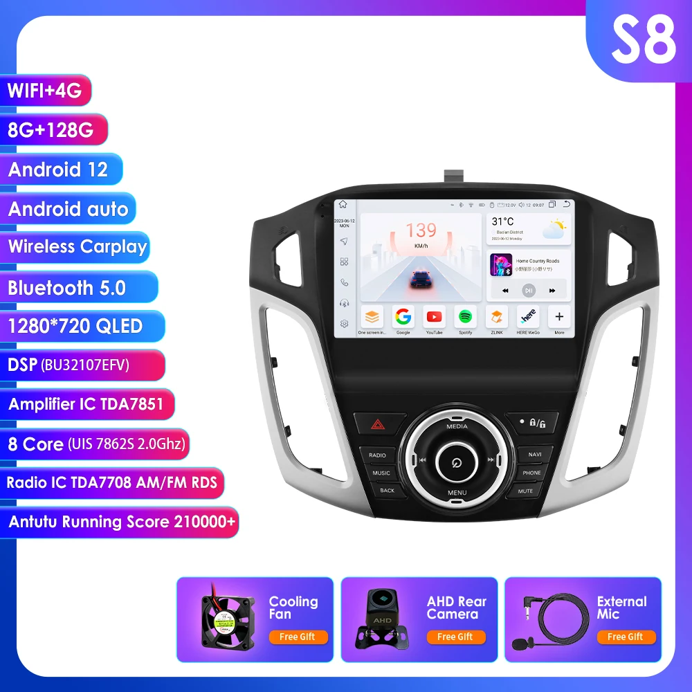 Ossuret 2Din 9 Zoll Android13 Autoradio für Ford Focus 3 Mk3 2011–2017 Auto Stereo CarPlay Navigation GPS RDS DSP 4G BT SWC