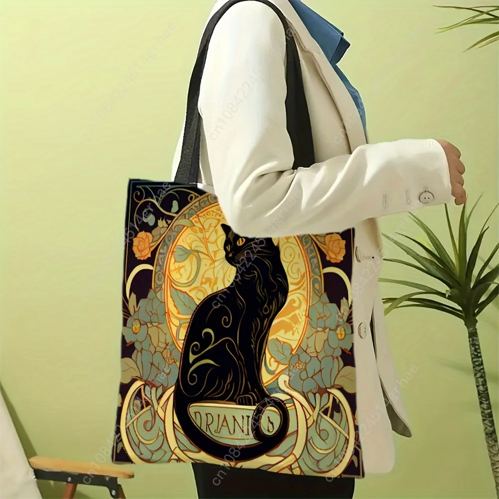 Torba na ramię w stylu retro z motywem szlachetnego czarnego kota, modna torba na ramię, lekka torba na zakupy do codziennego użytku, lniana torba z tkaniny, torebka 40x40 cm.