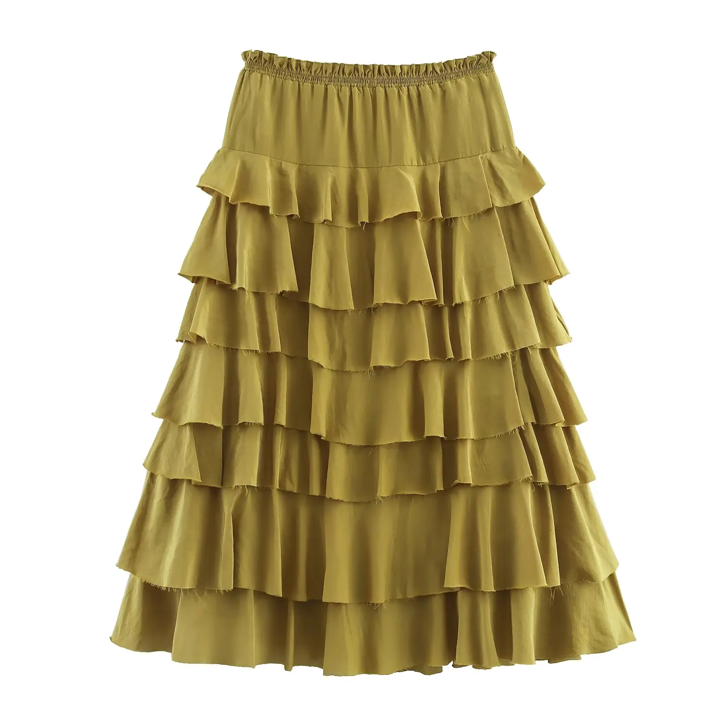 Série de Moda Fena Nova Primavera JNLEAOG, Saia Midi Decorativa em Camadas, Casual, Cintura Alta, Fibra de Poliéster, Sai...