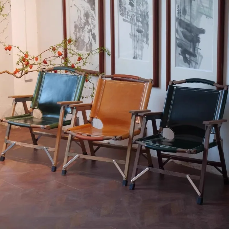 Outdoor camping folding chair first layer cowhide portable beach lie