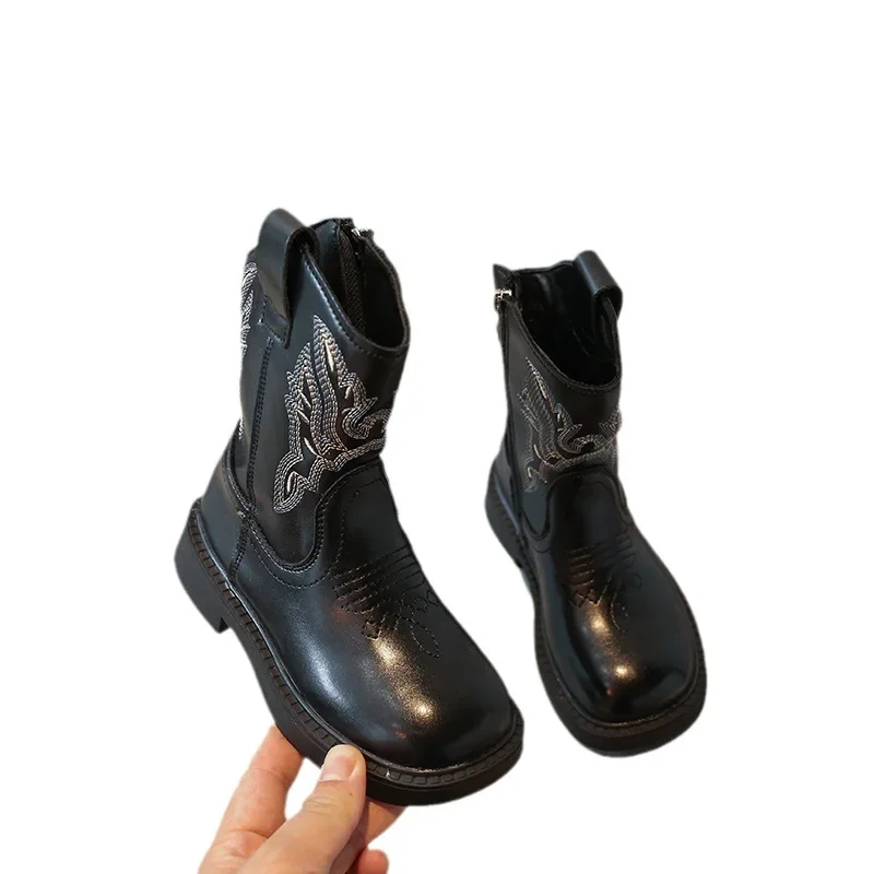 2024 Embroidery Girls Cowboy Boots PU Leather Round Toe Zip Kids Mid Calf Short Shoes PU Leather Solid Children Fashion Boots