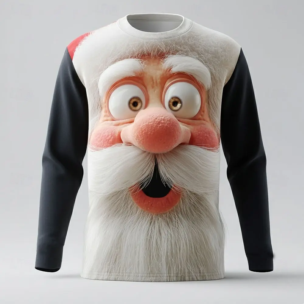 

New 3D printed Santa Claus long sleeved T-shirt, round neck T-shirt, fashionable street style casual top