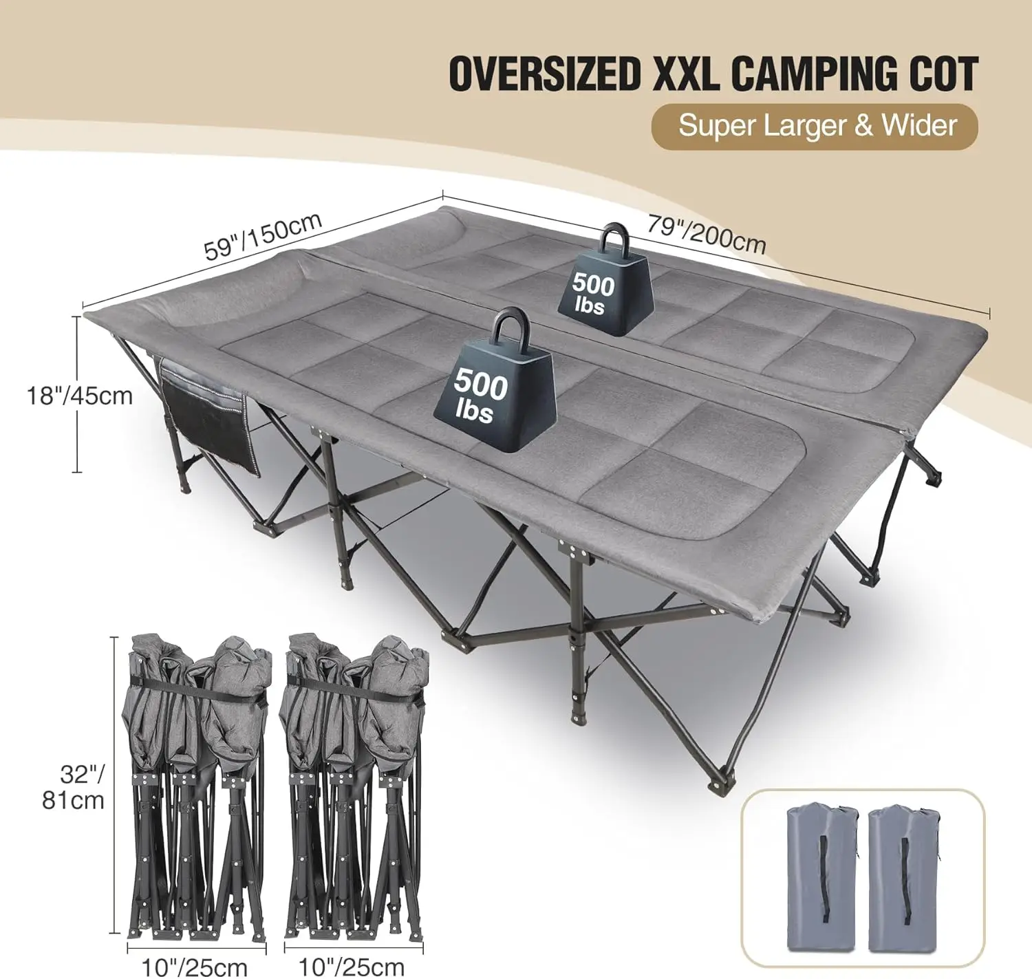 2 Person Oversize Camping Cots for Adults 500lbs, 59'' Extra Wide Tall Sleeping Cots Heavy Duty, XXXL Cots Portable for Outdoor