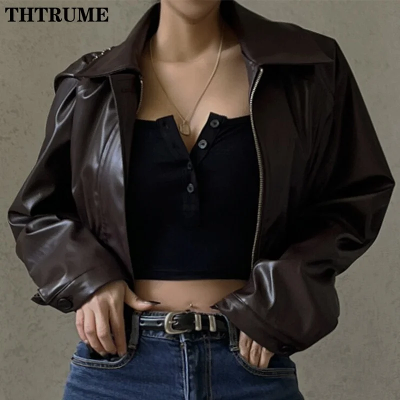 Fashion Women Chic Jackets Elegant Street Leather Lapel Vintage PU 2024 New Zipper Coats Casual Streetwear Autumn Pocket Jacket