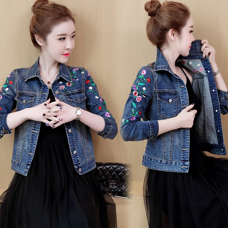 Embroidered Flower Denim Jacket 5XL Women\'s Short Coat 2023 Spring Autumn Vintage Slim Jeans Jacket Outwear Casual Female Tops