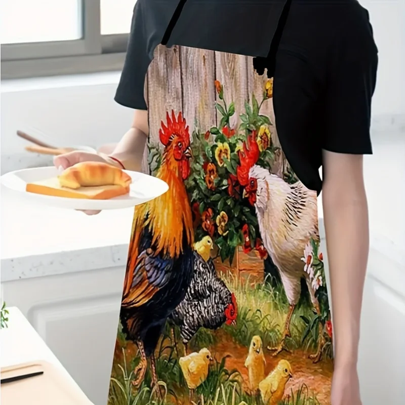 1pc Rooster and Hen with Chicks Print Apron - Chicken Pattern Household Cleaning Apron for Home and Garden Use