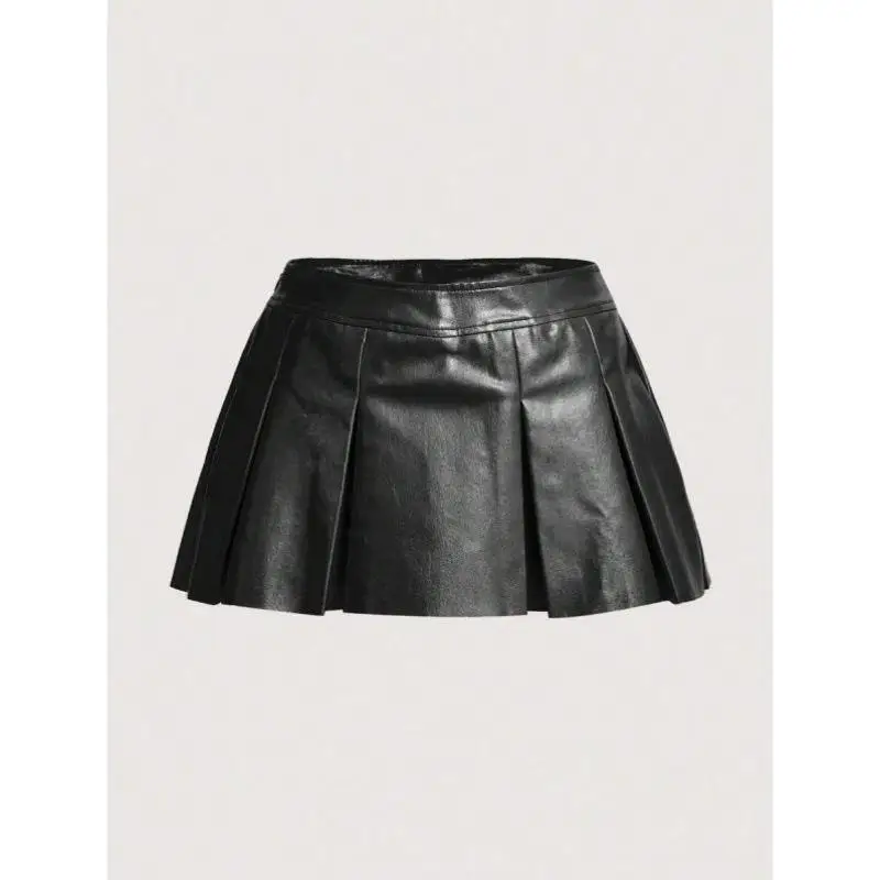 

Pure Color PU Leather Pleated Skirt Bots New Cross-Border Model Classic Vintage Ciwalk Nine-Piece Pants Micro Elastici