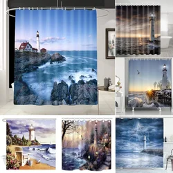 Zeegezicht Muur Decor Portland Hoofd Vuurtoren Douchegordijn Landschap Kunstwerk Tropische Oceaan Kunst Gordijn Voor Badkamer Met Haken