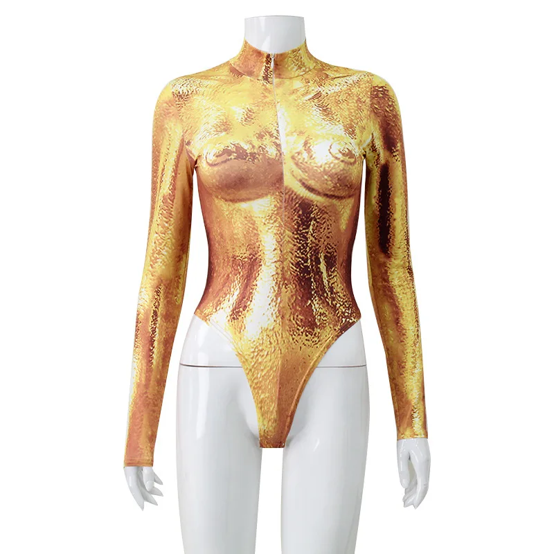 Gold Silver Holiday Party Women Sexy Bodysuit Long Sleeved Beach Swimsuit Zipper Bathing Suit Cosplay Jumpsuit Wear