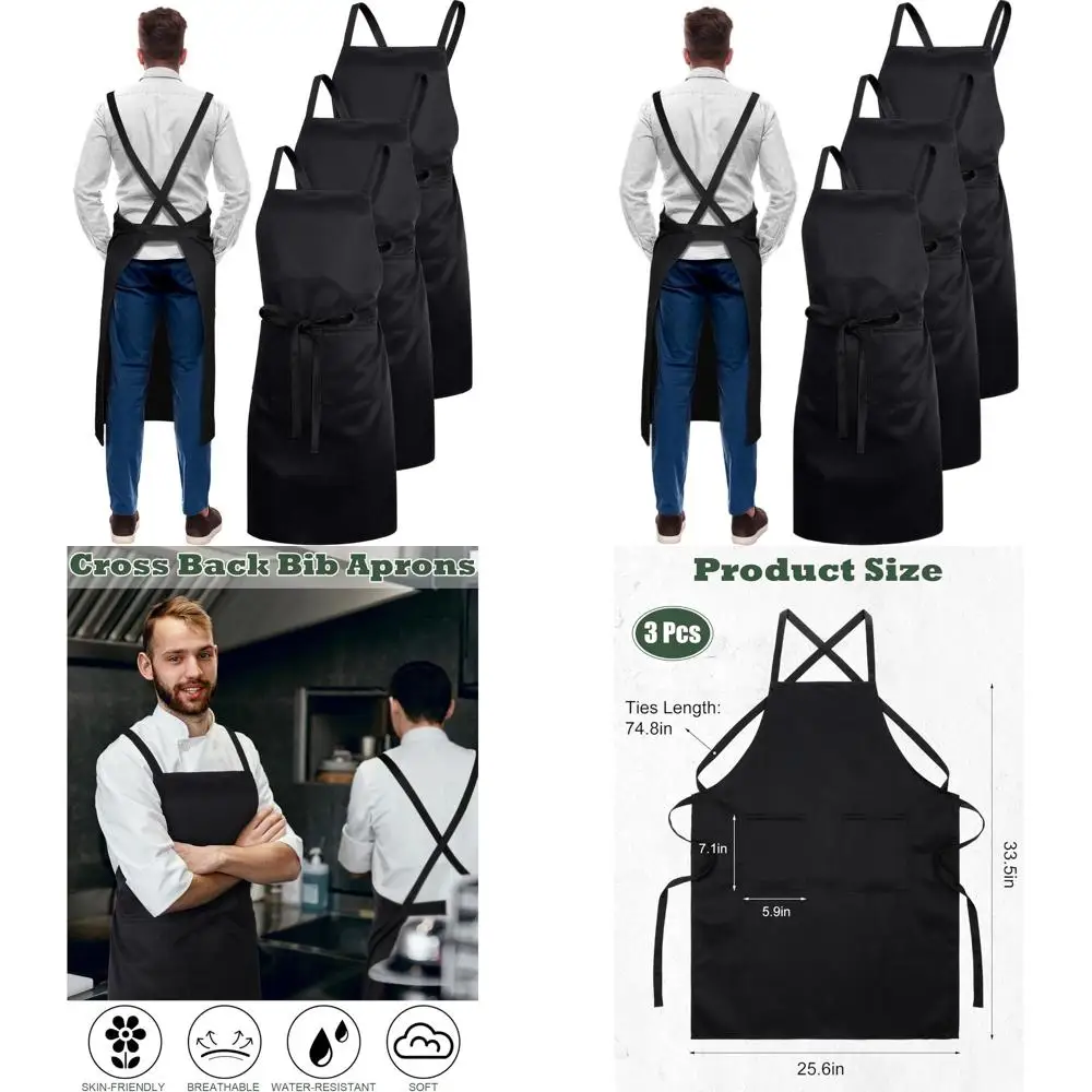 

3-Piece Set Chef's Cross-Back Apron with Pockets, Unisex Black Kitchen Aprons for Men and Women