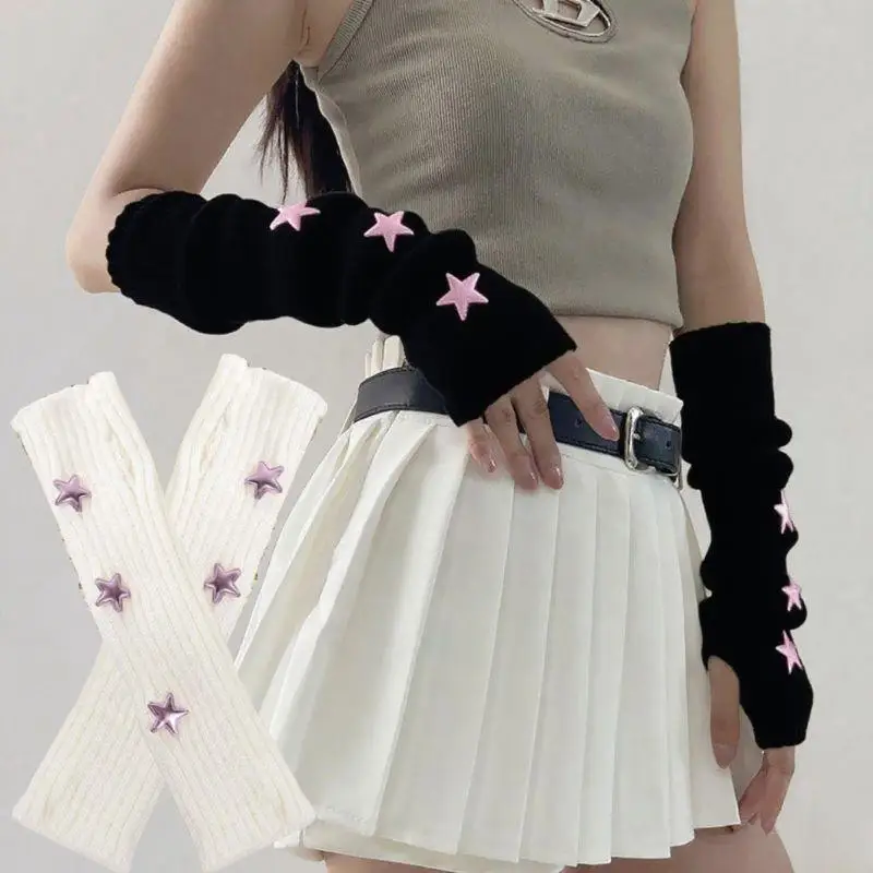 

1Pair Outdoor Punk Long Fingerless Gloves With Star Decoration Y2k Cool Knitted Arm Warmers White Black Long Wrist Elbow Mitten