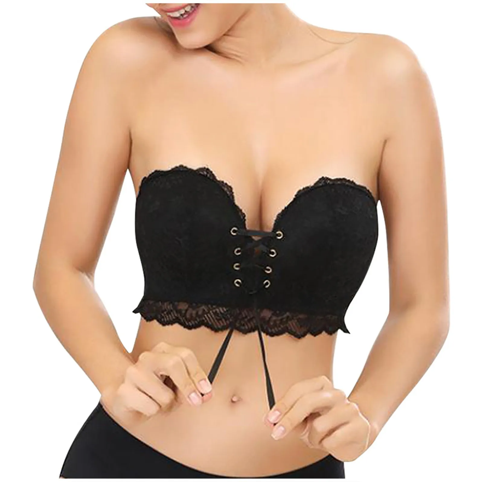 

Strapless Bra Drawstring Gather Lace Bras Invisible Bra Push Up Large Cup Non-Slip Beautiful Back Sexy Women Underwear Bralette