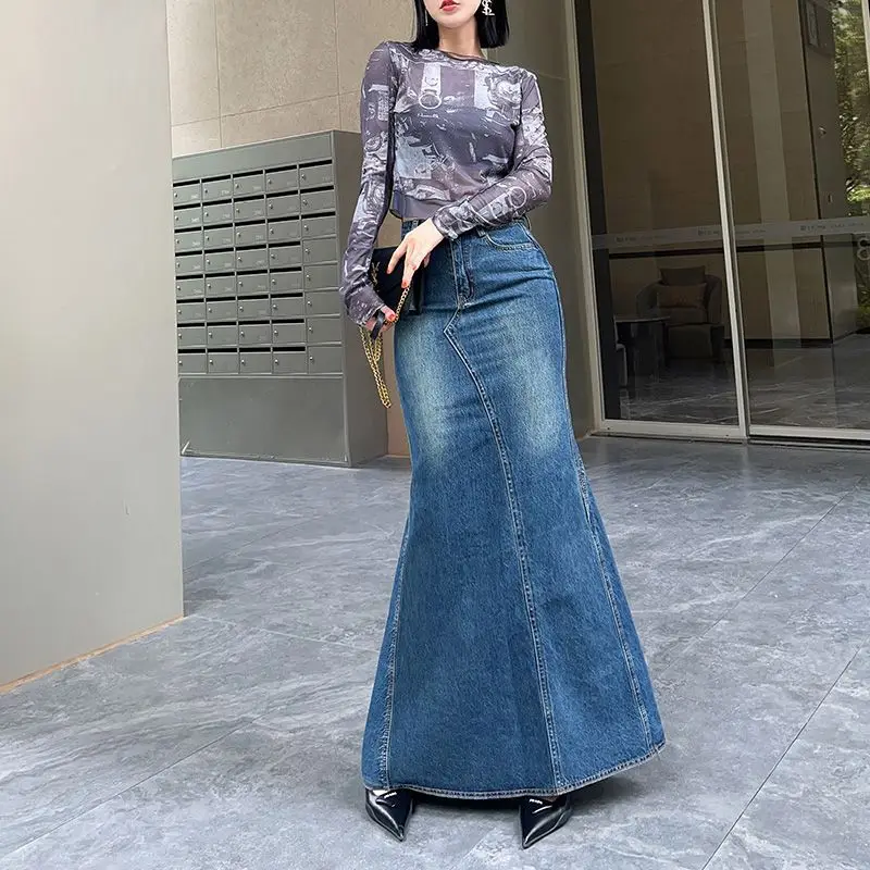 Retro High Waist Fishtail Denim Skirt Women Spring Autumn New Style Split Line Hip Design Without Elastic Hip Wrapping Skirt