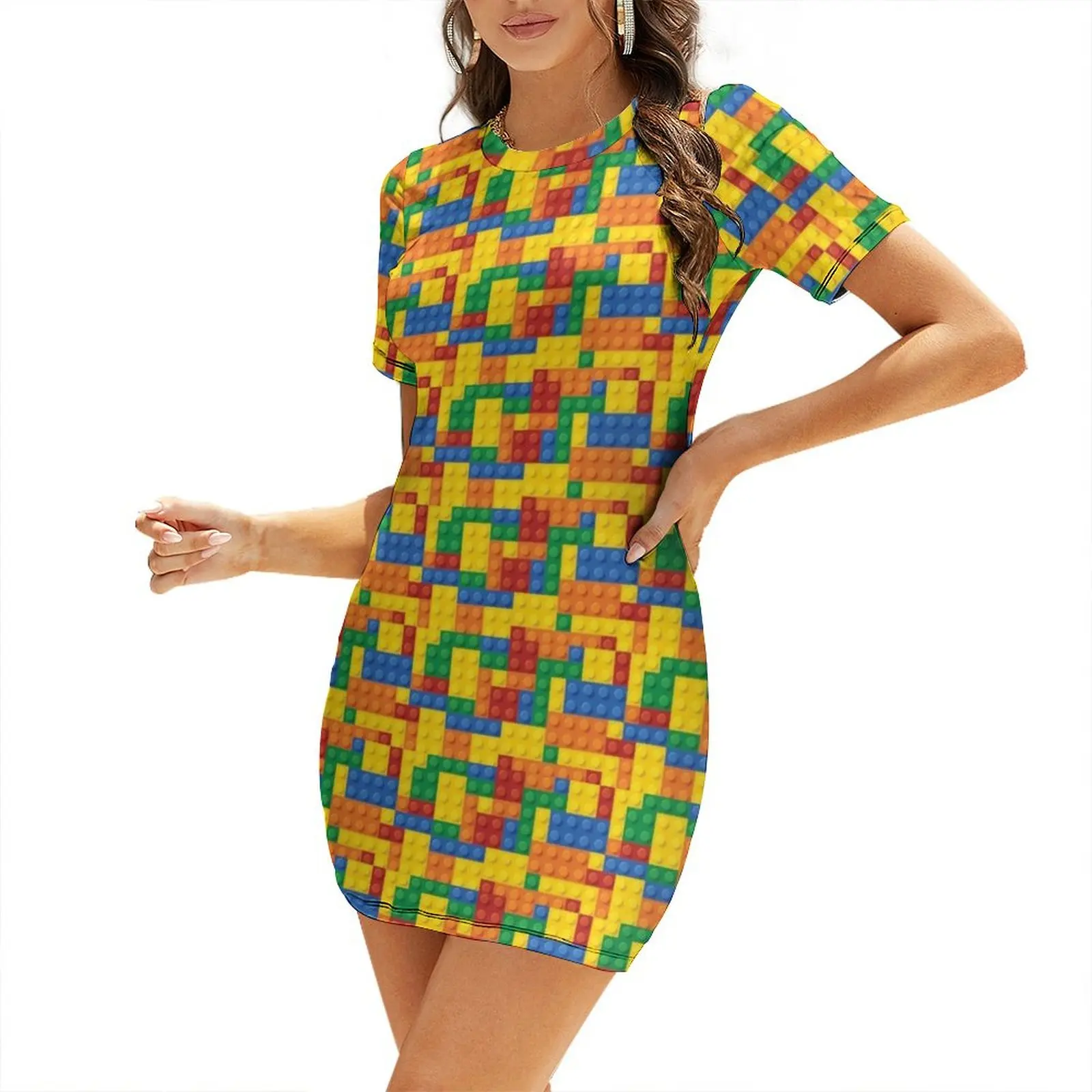 Color Building blocks Short Sleeved Dress Women's summer suit long sleeve dress summer dress