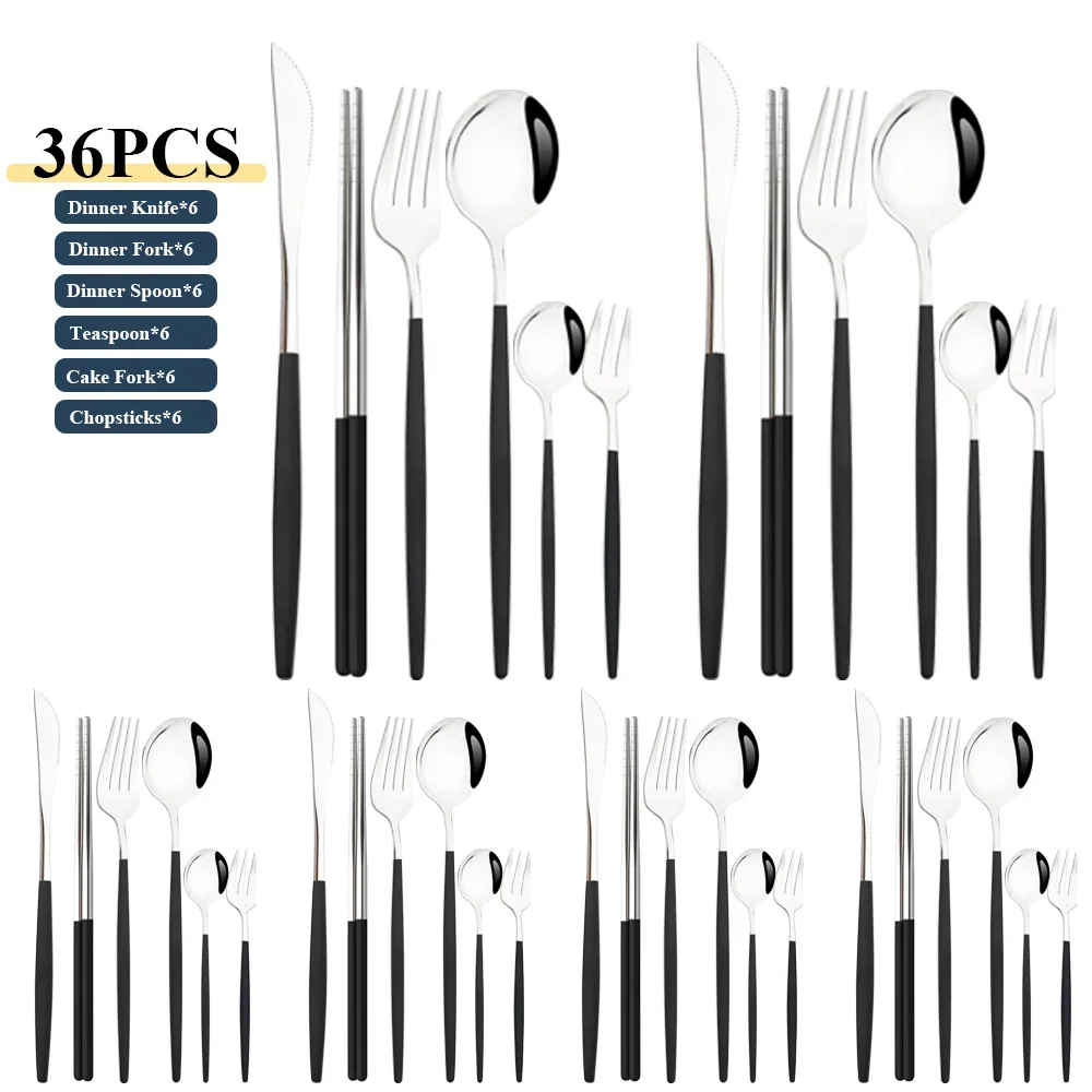 

36 шт., набор столовой посуды из нержавеющей стали, черный, серебристый, нож, вилка для фруктов, ложка, набор столовых приборов, кухонная посуда, наборы столового серебра