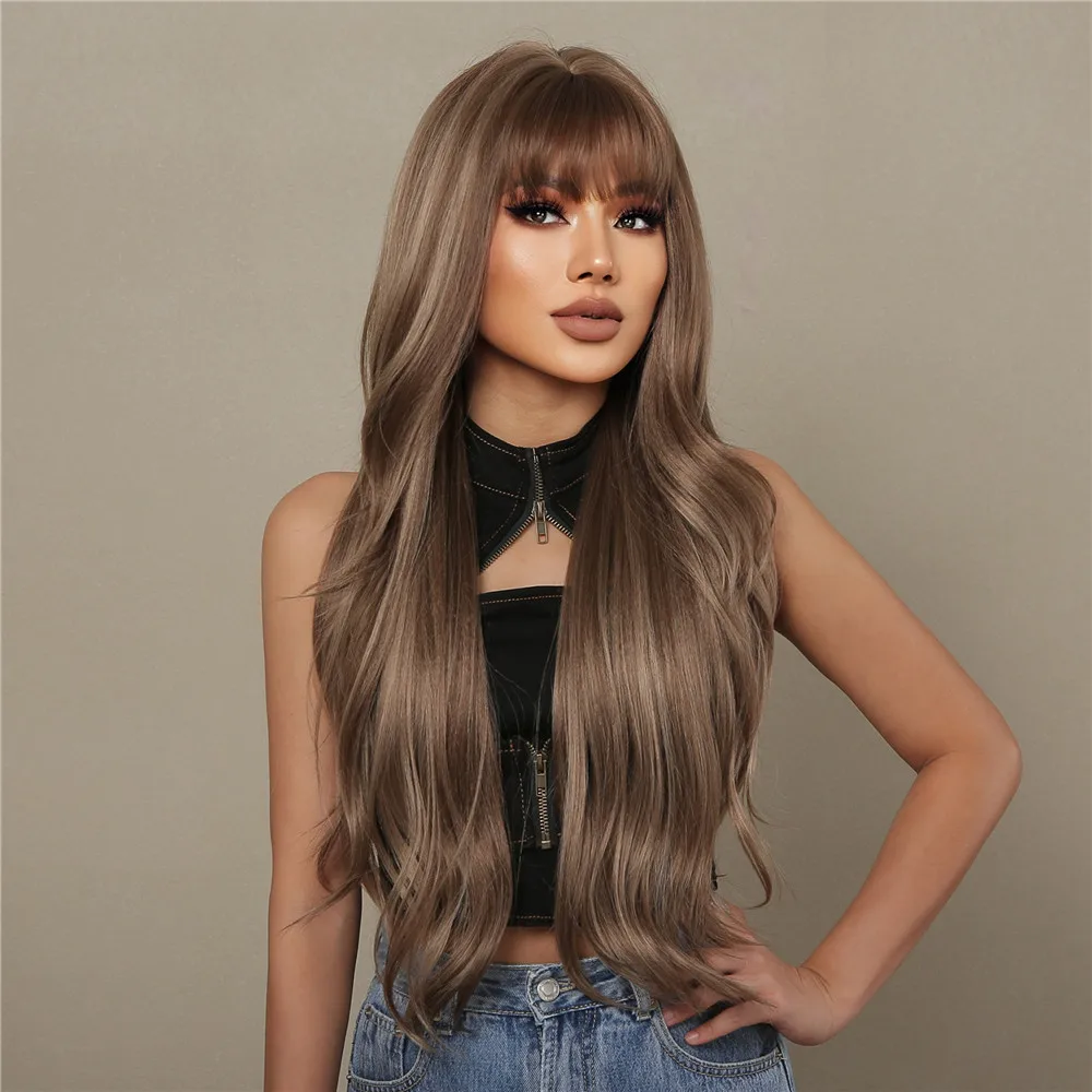 EASIHAIR Brown Ombre Long Wavy Synthetic Wigs with Highlight Natural Wig for Women Daily Cosplay Wigs with Bangs Heat Resistant