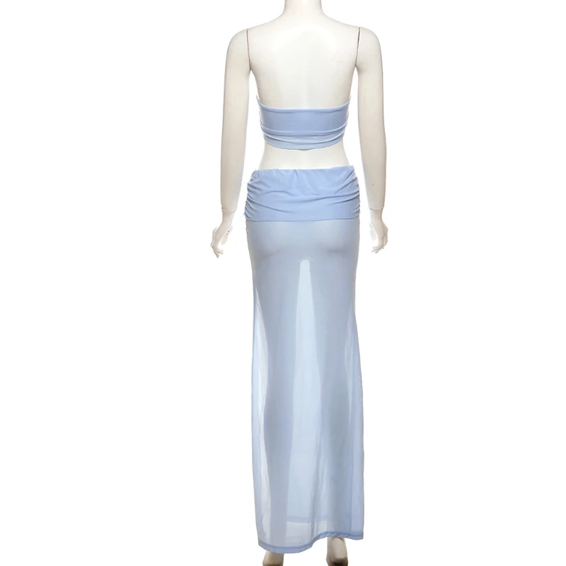 Robe maxi en maille transparente pour femmes, sans bretelles, découpée, dos nu, fendue, robe d'été sexy, couverture de plage, été, 2024