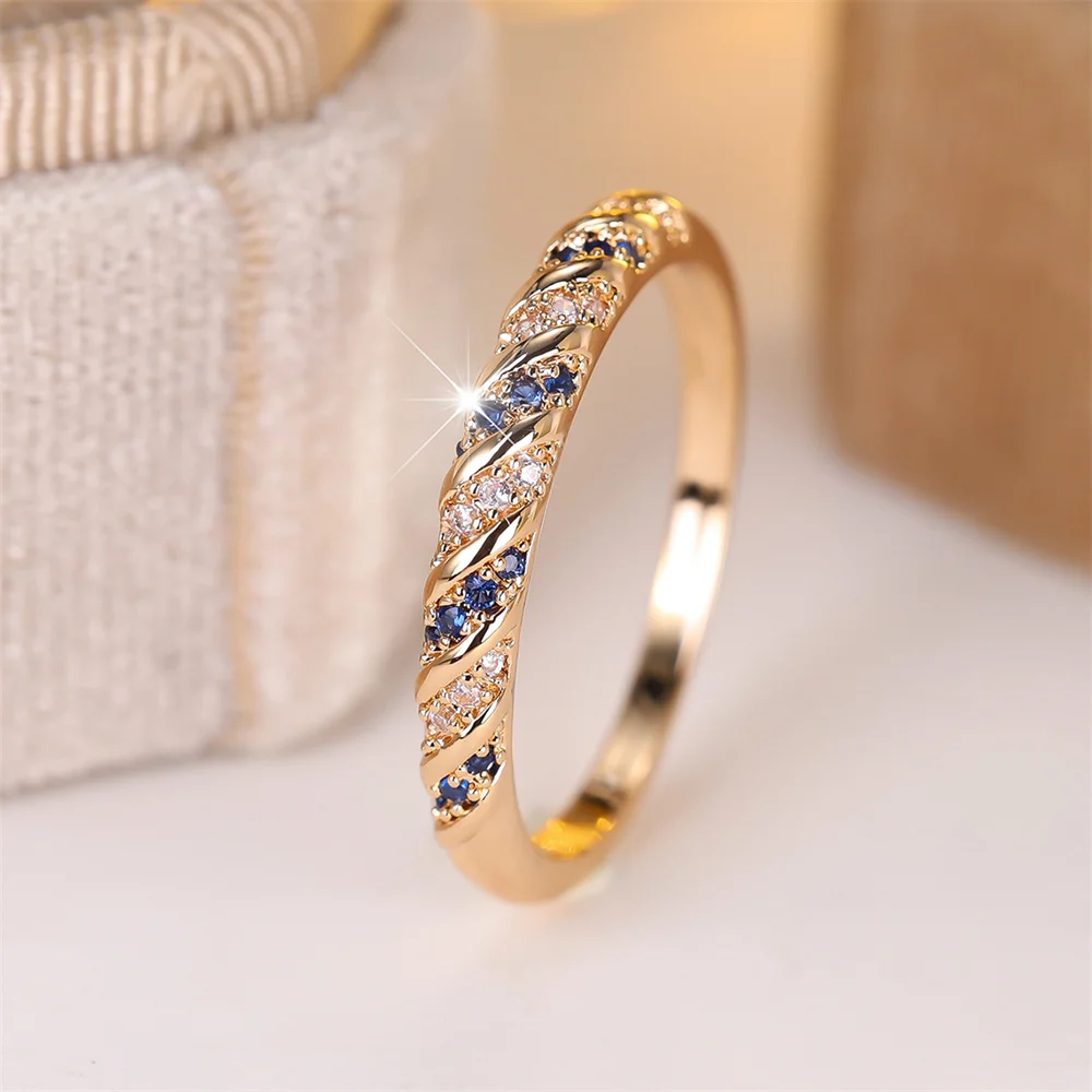 Modische Ringe mit blauem Kristall und weißem Zirkon, runder Stein, gedreht, für Damen, Vintage-Stil, goldfarben, Hochzeitsschmuck, vielseitige Geschenke für die Braut – Detail 4