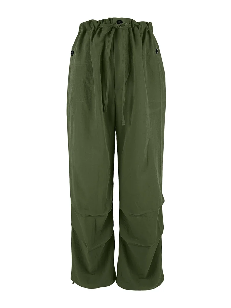 Schicke, lockere Cargohose für Damen, Y2K-Stil, Armeegrün, mit Schnürung und Kordelzug, hoher Bund, weites Bein, Streetwear, Oversized, Vintage, lässig. – Detail 5