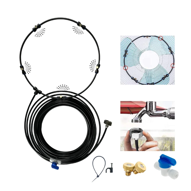 Patio Cooling Fan Mist Kit with 32.8FT Misting Line and 5 Brass Nozzles Galvanized Brass Adapter