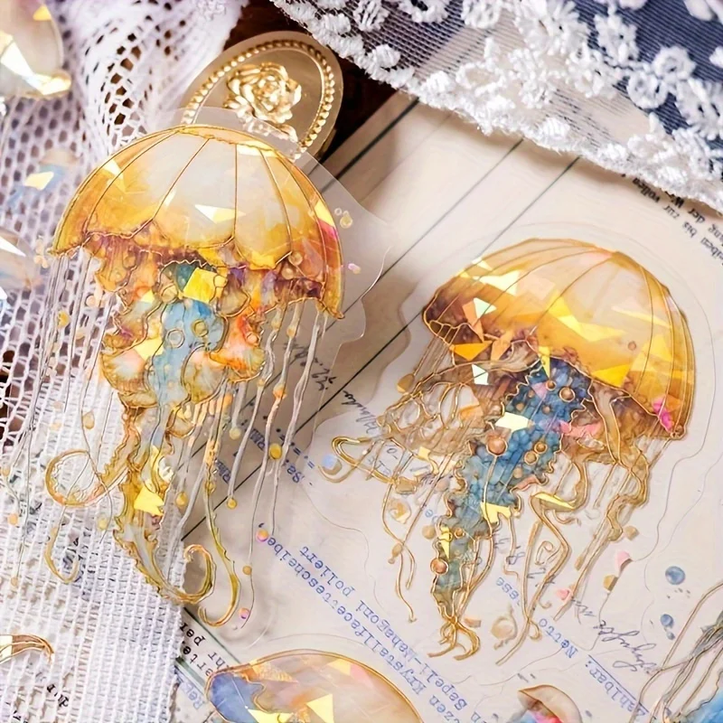 20-Piece Sparkling Ocean Life Stickers - Jellyfish, Octopus & Wishing Bottle Decals With golden Foil Accents For Journals And Cr