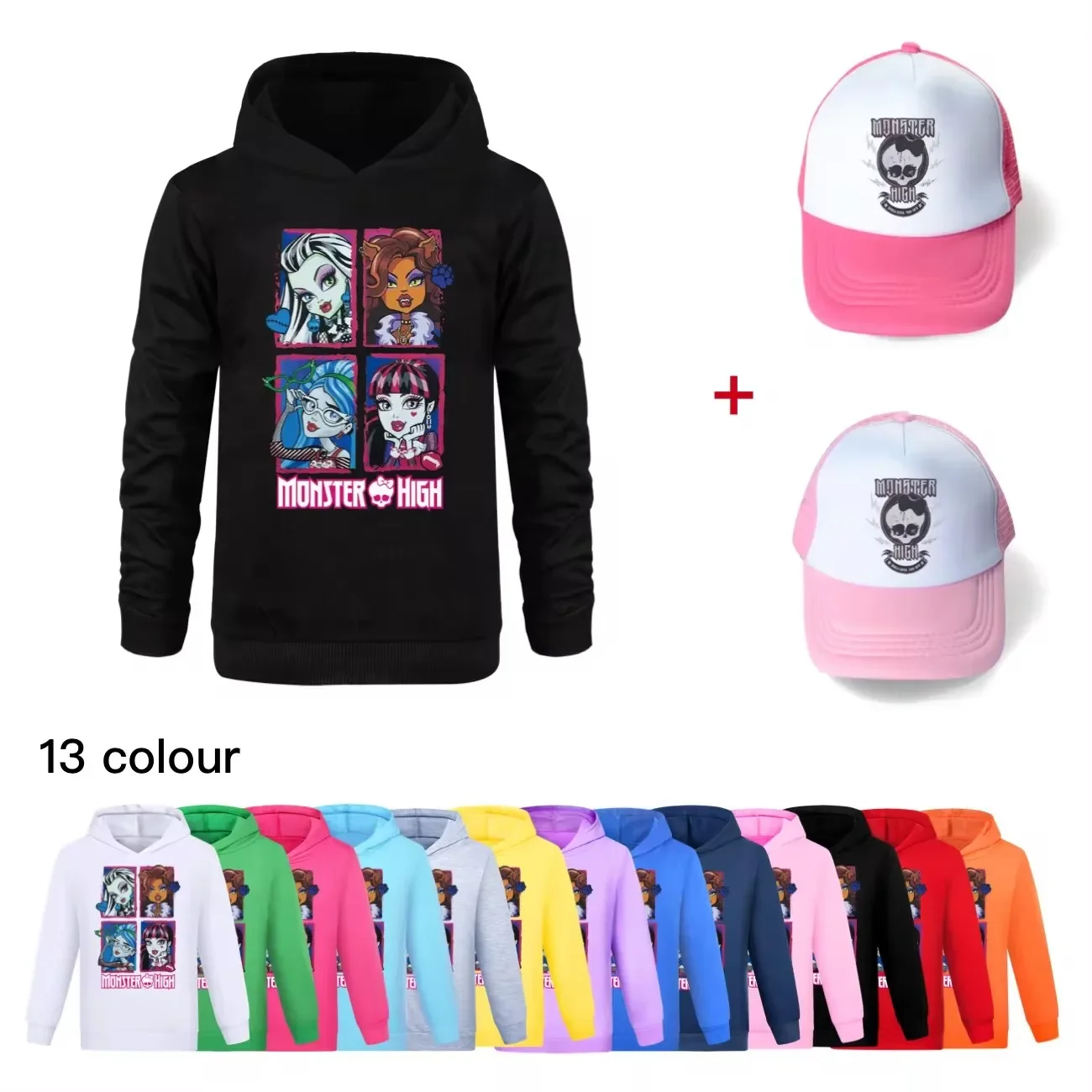 Carnaval monster High Clothes Kids Student Hoodie Baby Girls Hoody Sweaters Boys Long Sleeve Coats Children's Clothing+hat