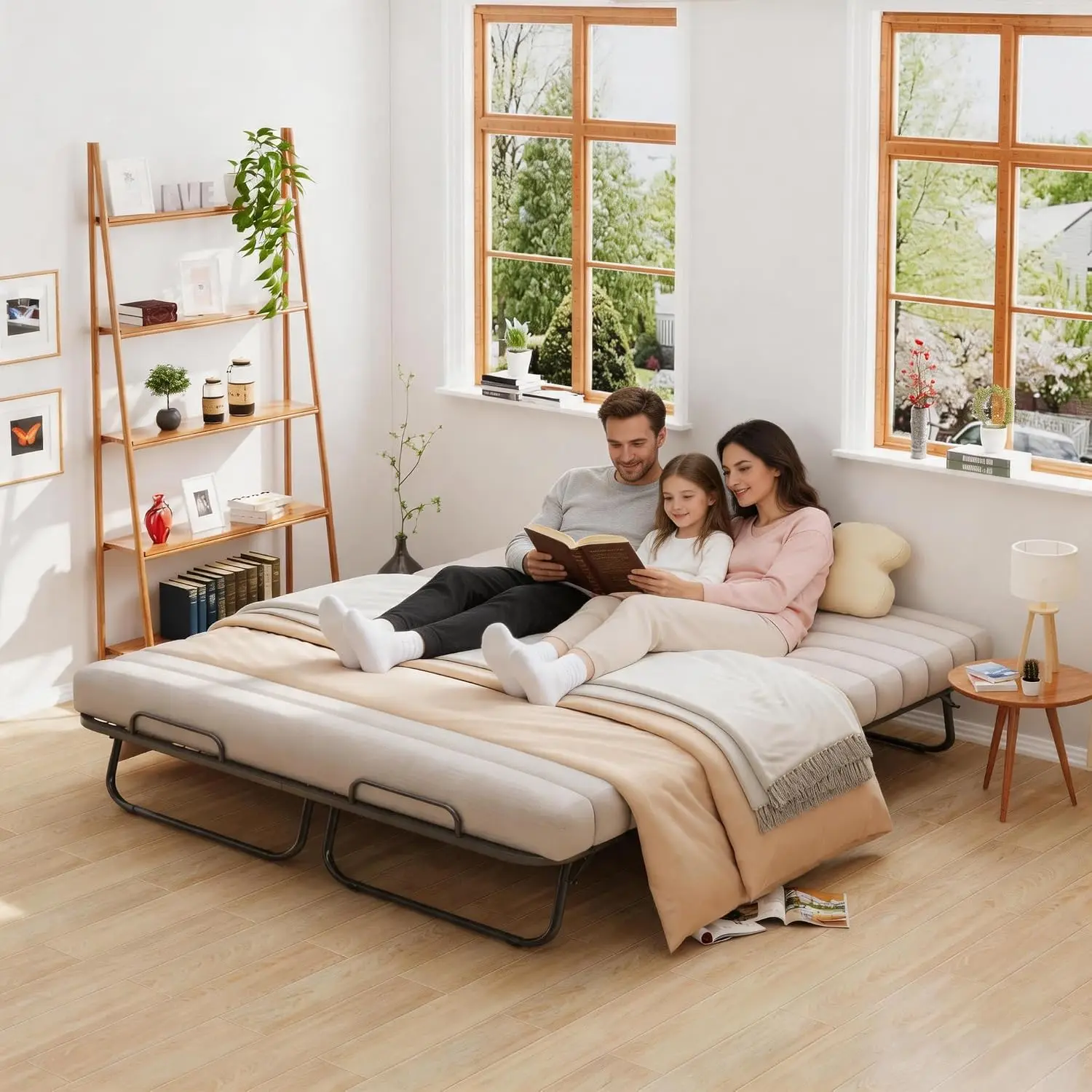 Premium Portable Folding Bed, Queen Size 79 x 59 Inch Double Bed with 5 Inch Memory Mattress, Roll Away Foldable Guest Bed on Wheels for Adults, Hideaway & Space Saving