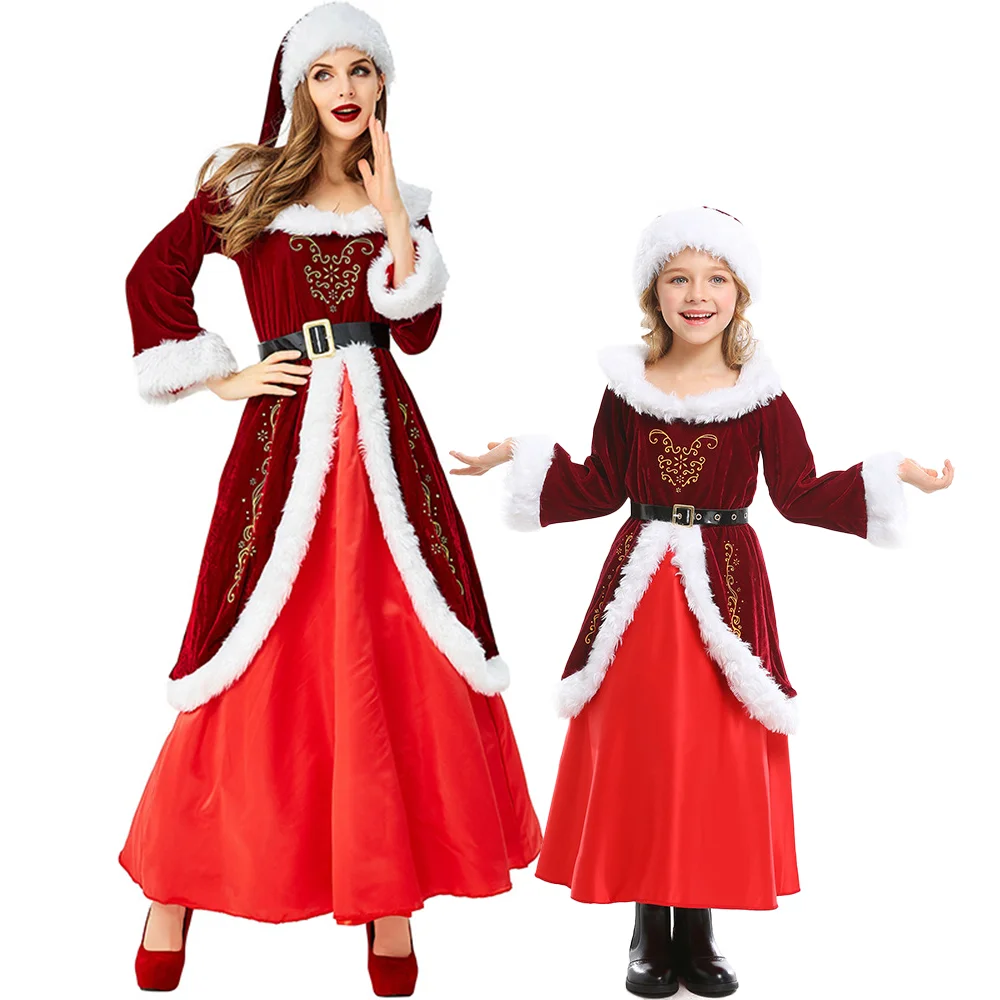 Christmas Eve Parent-Child Santa Claus Cosplay Long Dress for Women Slim Fit Wine Red Cotton Velvet Dress Girl Xmas Party Outfit