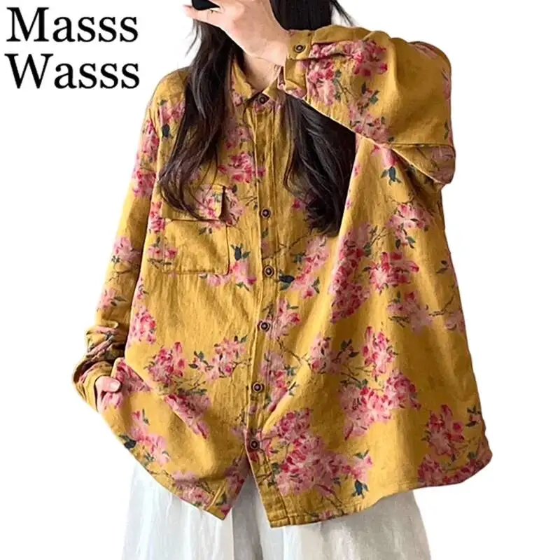 

Mass Wass, китайские классические винтажные хлопковые льняные топы, женские модные повседневные элегантные рубашки, женские весенние свободные блузки с принтом