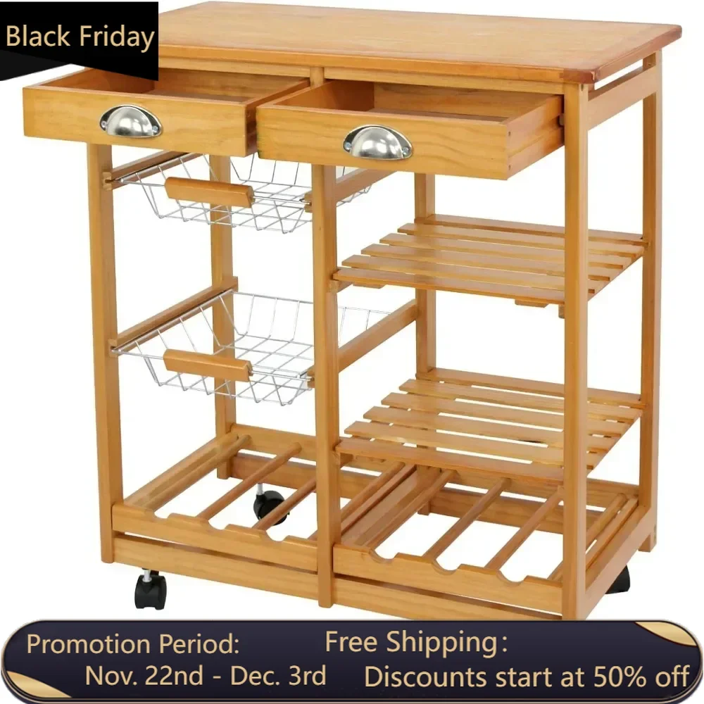 

Rolling kitchen island cart with storage space, wheels, 2 drawers, 3 shelves, lockable casters