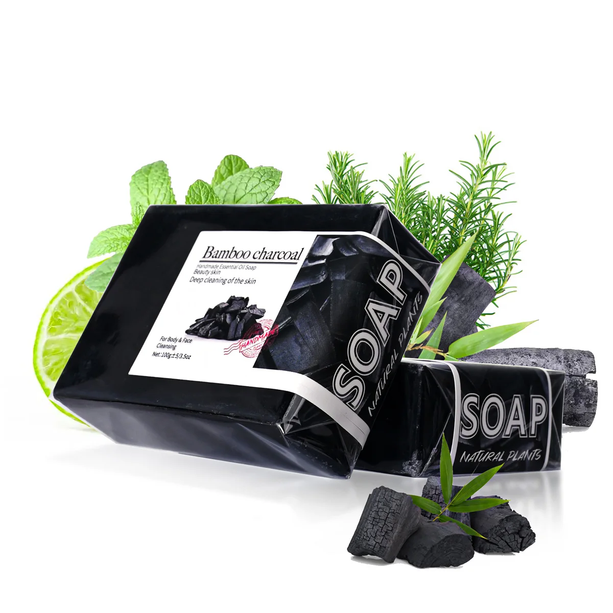 100g Bamboo Charcoal Soap Natural Organic Activated Charcoal Private Label Handmade Blackhead Removal Whitening Black Soap - Image 2