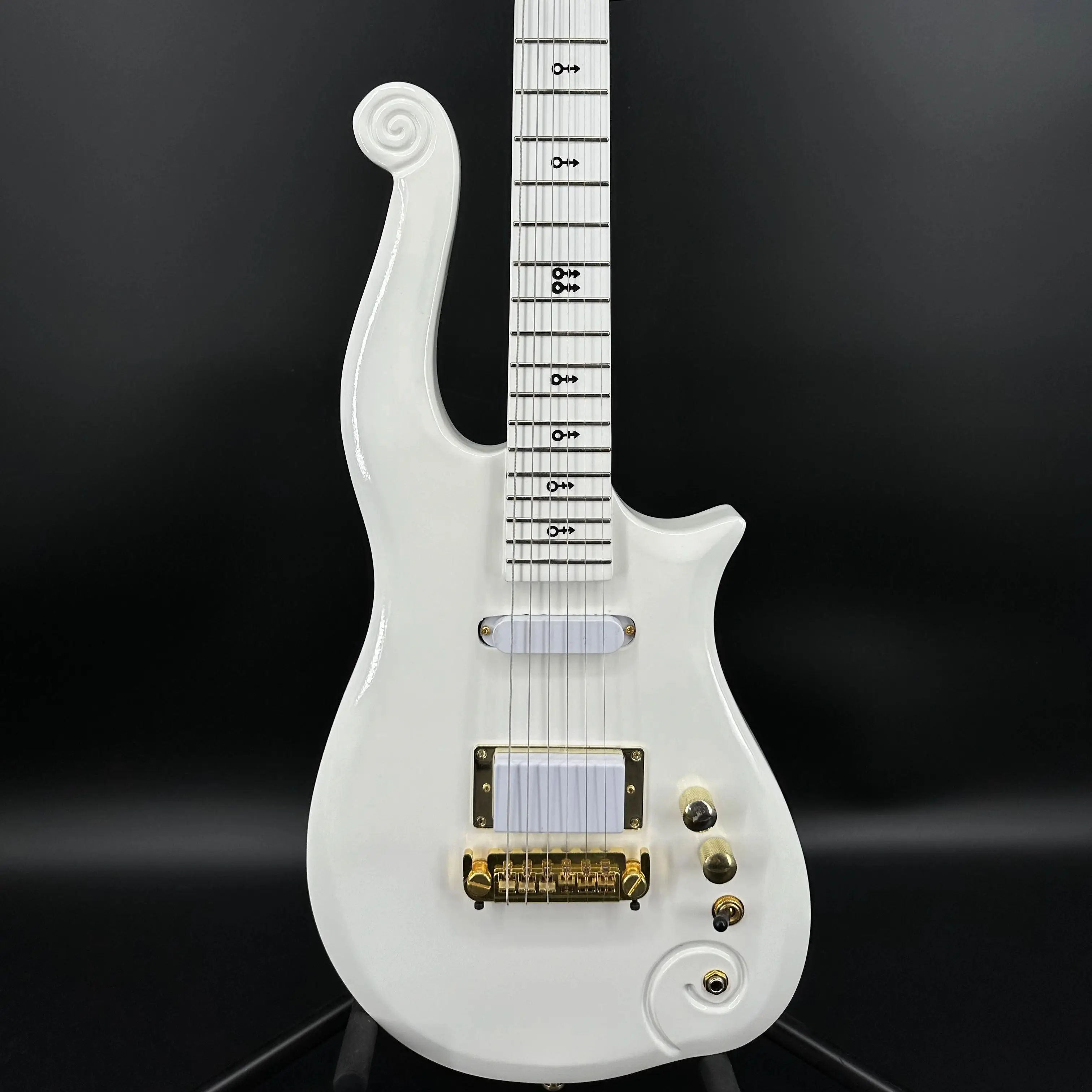 Cloud Spiral Alien Style Electric Guitar, Gloss White Solid Body, Unique Scroll Outline, Custom Symbol Inlays On Fretboard, SH Pickup Configuration, Suitable For Rock, Christmas Gift, US Warehouse In Stock, Free Shipping.