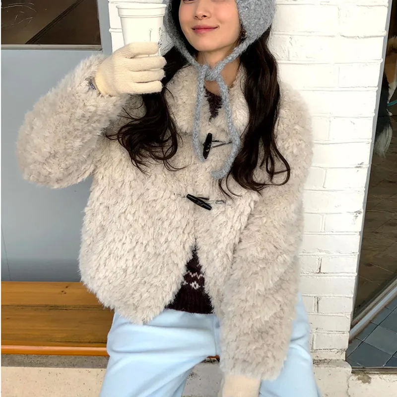 

Зимний теплый или кардиган, пальто, женское пушистое пальто на пуговицах в Корейском стиле, милая антивозрастная модная верхняя одежда Jaet