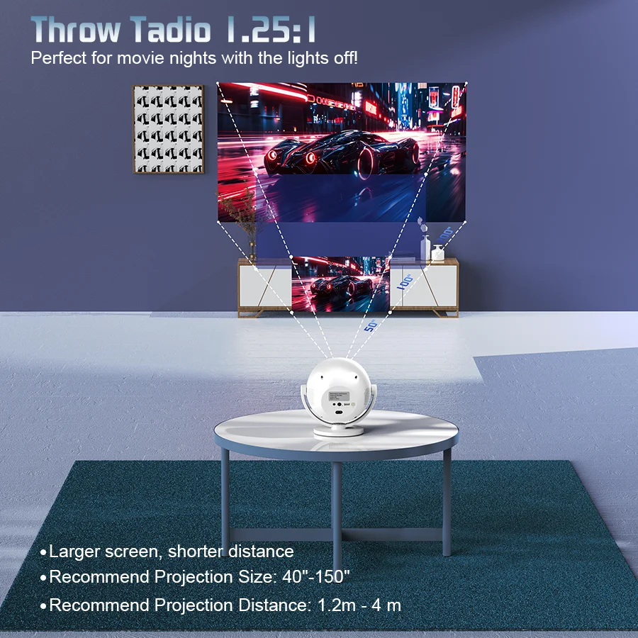 XBJ Home Theater 4K Spherical Projector,Android WiFi 6 BT 5.0 Auto