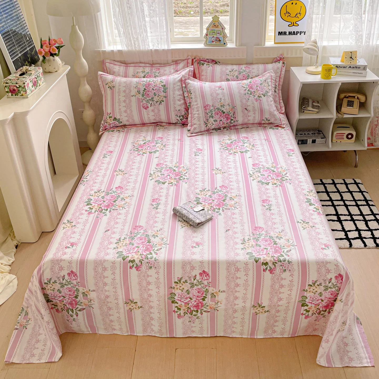 1 unidad, sábanas de algodón 100 %, diseño floral, ropa de cama suave al tacto, sábanas planas, sábanas de algodón cepillado (sin funda de almohada).