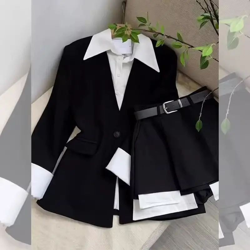 Patchwork Fake Two Shirts Black Blazers Autumn Spring Jacket Piece Sets Womens Outifits Wide Leg Short Pants Y2k Sexy Shorts