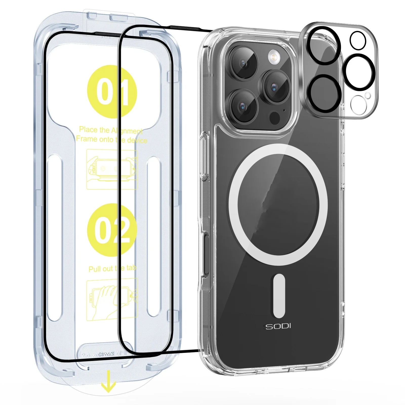 SODI Magnetic Phone Case For iPhone 16 Pro/Pro Max with 1 Screen Protector 1 Camera Len Protector Compatible Non Yellowing Clear