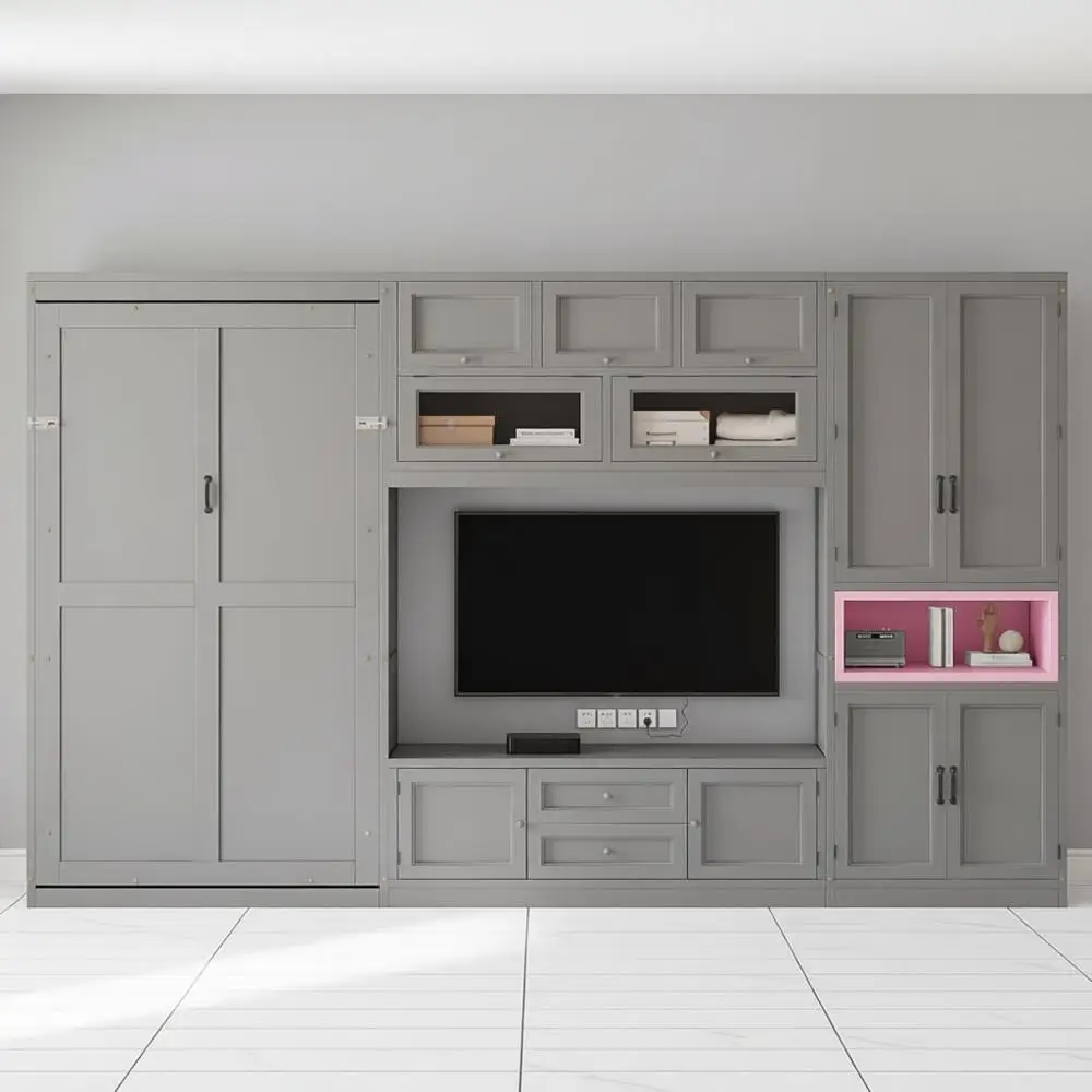 

Gray Twin Murphy Bed with Storage, 2 Drawers, Shelves, Foldable Frame, Built-in TV Stand, No Box Spring, Suitable for Kids & Adu