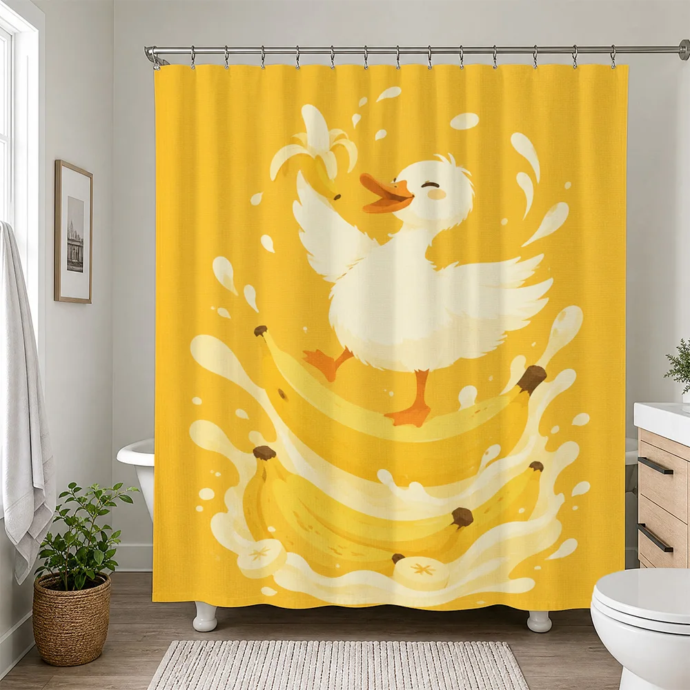 Cute Duck Family Shower Curtain Yellow Bathroom Decor Fun Animal Print Waterproof Shower Curtain Liner