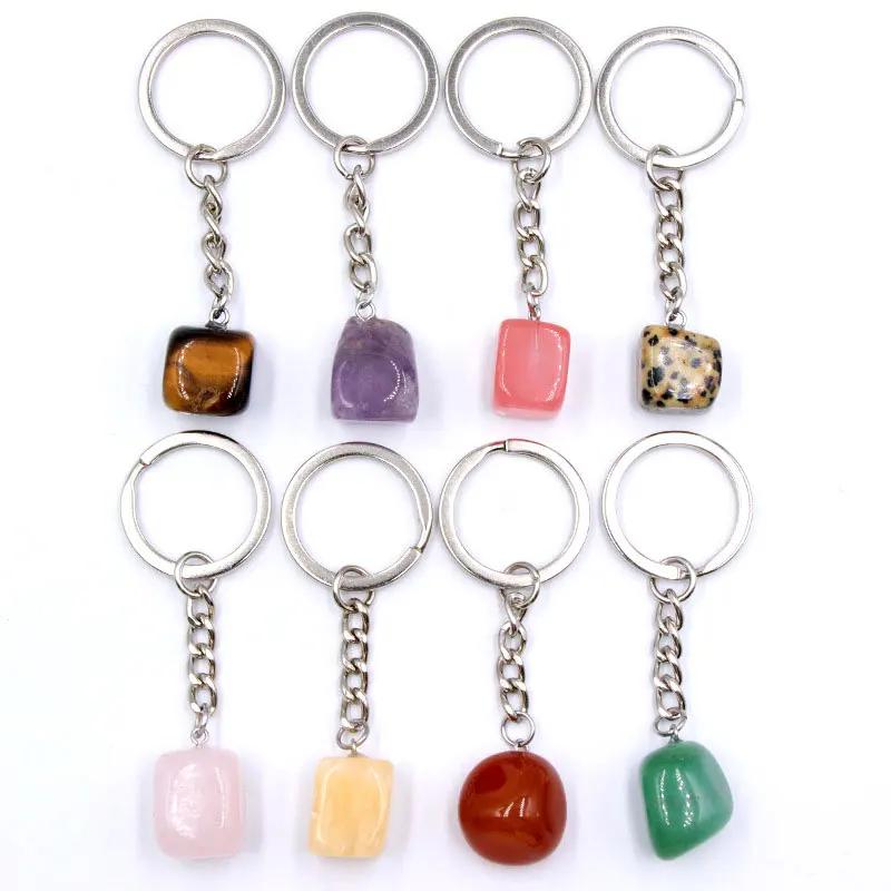 65Pcs Natural Stone Irregular Keychain Rose Quartz Tiger's Eye Opal Crystal  Key Ring Key Chain Keyring