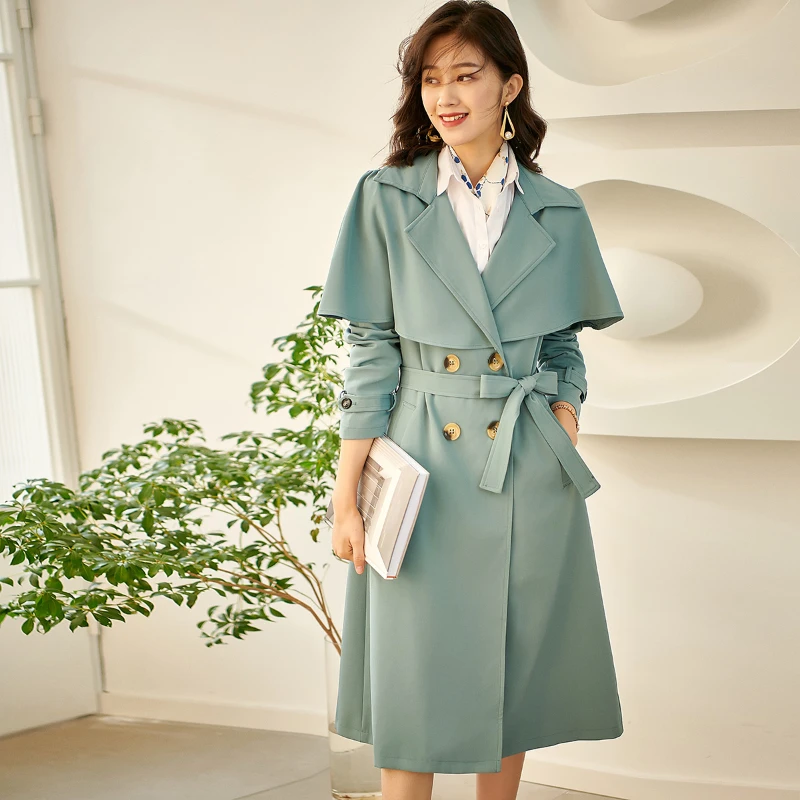 

2024 Spring Fall Women Double Breasted Khaki Blue Middle Length Trench Coat , Woman Autumn Casual Korean Style Button Coats
