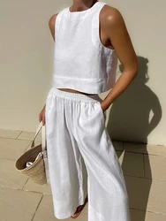 Casual Summer Two Piece Set Women Outfit 2023 White Solid Loose Tank Crop Top Wide Leg Pants Suits Chic and Elegant Woman Set