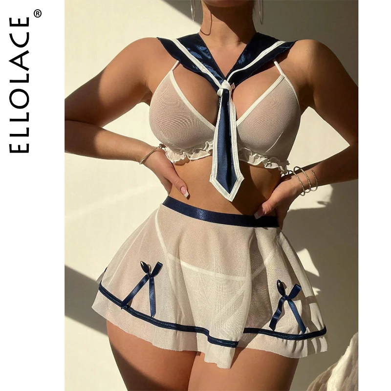 

Ellolace Valentine Sexy Student Cosplay Cute See Through Bra 3PC with Collar Youthful School Girl Backless Sailor Costume Pure