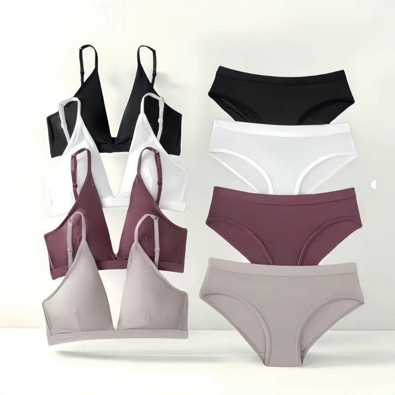 Women Seamless Bra And Panties Set Low Waist Ice Silk Briefs Non-wire Bra Sexy Lingerie Female Push Up Bra Comfort Underwear Set
