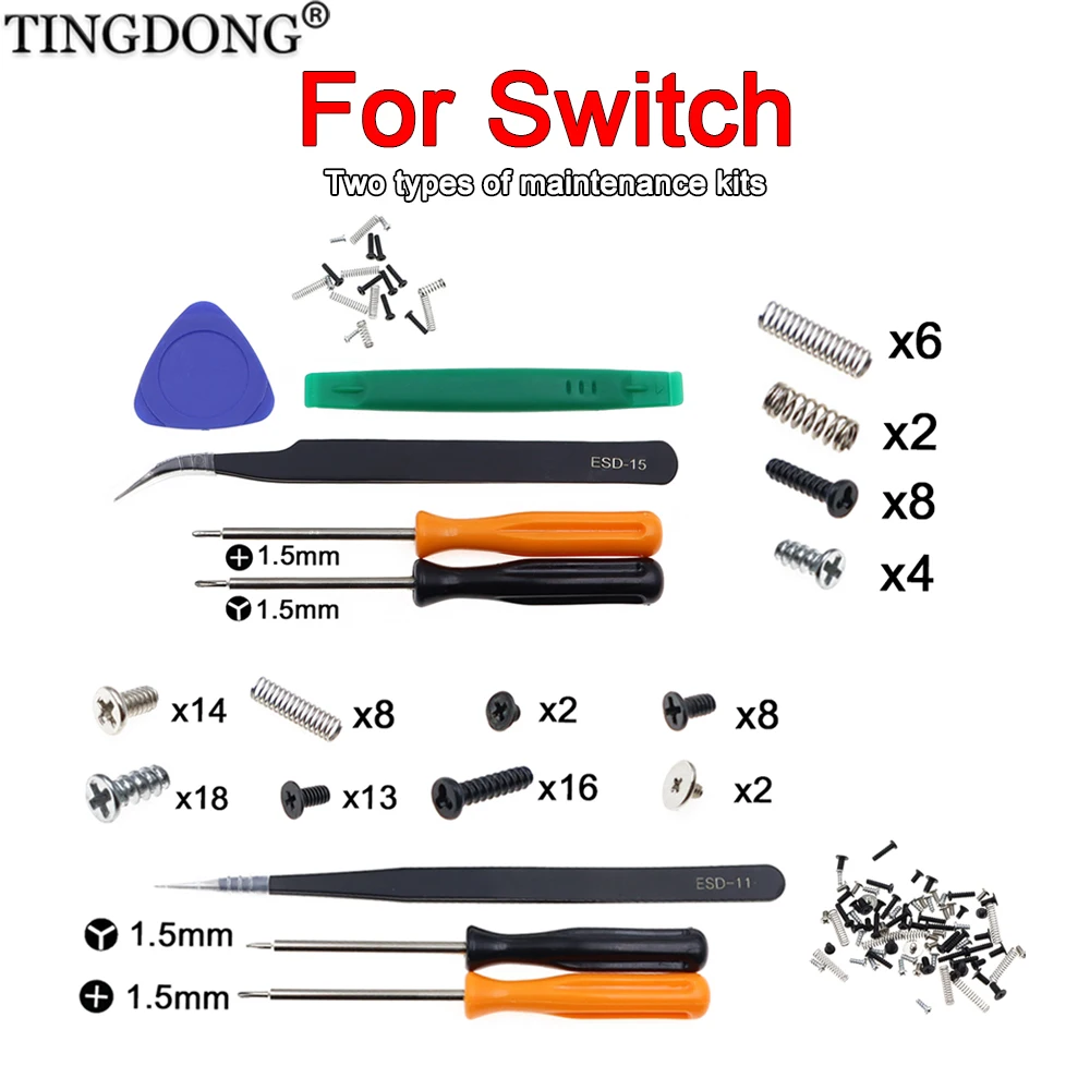 Ersatzschrauben, Federn und komplettes Reparaturwerkzeug-Set für Switch – Komplettes 73-teiliges Schraubenset mit 8 langen Federn und Öffnungswerkzeugen