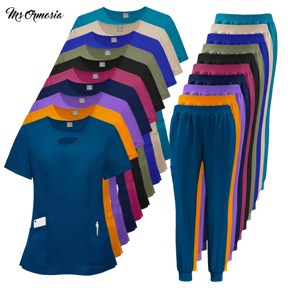 

Medcial Surgical Uniforms Women Scrub T-shirt with Ribbed-cuff Jogging Pants Breathable Soft Lighweight Vet Doctor Nurse Clothes