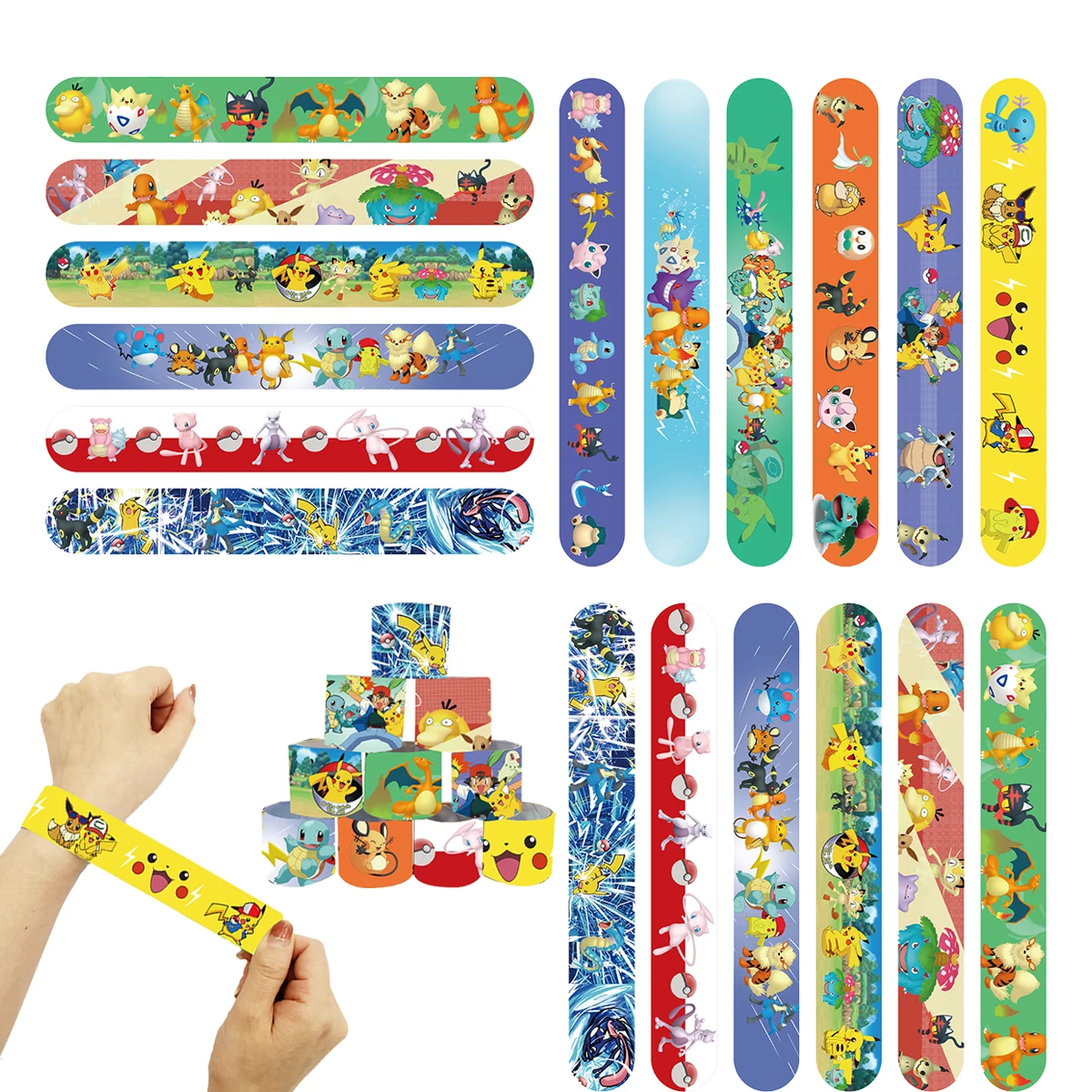 

12/24/36pcs Pokemon Pikachu Slap Bracelets Party Favors Birthday Party Gifts Baby Shower Decorations Snap Band for Kids Girls Bo