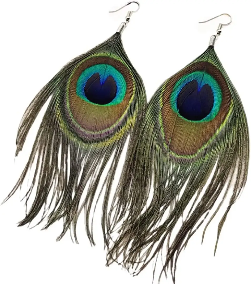 

Peacock Feather Dangle Earrings Long Hypoallergenic Bohemian Tassel Sterling Silver No Gemstone
