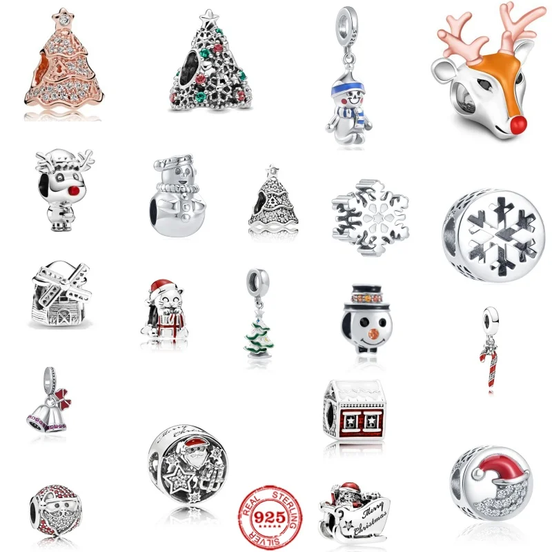 

925 Sterling Silver Christmas Series Colorful Santa Snowman Charms Beads Original Bracelet Pendant Jewelry DIY Gift For Women